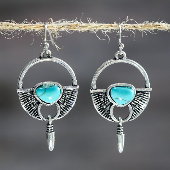 ♡♡Vintage Hollow Circle Turquoises Stone Earrings - Picture 3 of 3